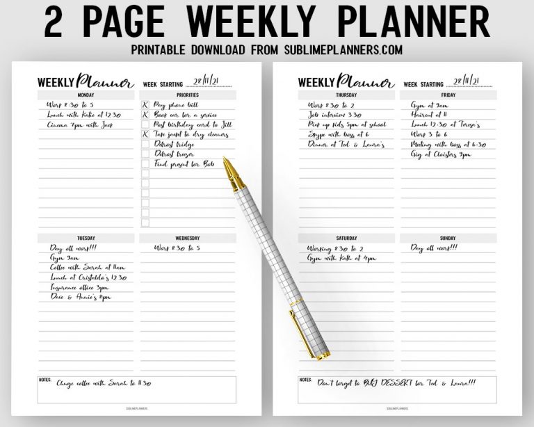 At A Glance 2 Page Weekly Planner Printable